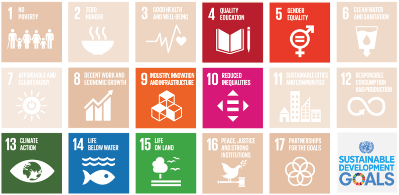 Sustainanle Develpment Goals: 1 No poverty, 4 Quality Education, 5 Gender equality, 8 Decent work and economic Growth, 9 Industry, innovation and infrastructure, 10 Reduced inequalities, 13 Climate action, 14 Life below water, 15 Life and land, 16 Peace, justice and strong institutions, 17 Partnershups for the goals.