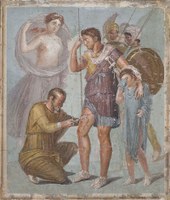 Affresco pompeiano: Enea mentre viene operato dal medico Japix, che cerca di estrarre con un forcipe o un bisturi la cuspide della freccia nemica conficcatasi nella coscia destra.