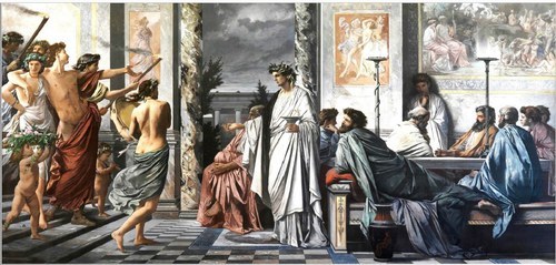 Agatone accoglie Alcibiade e il suo corteo comastico al convito in suo onore. Interpretazione artistica della scena tratta dal Simposio platonico. Anselm Feuerbach, XIX secolo.