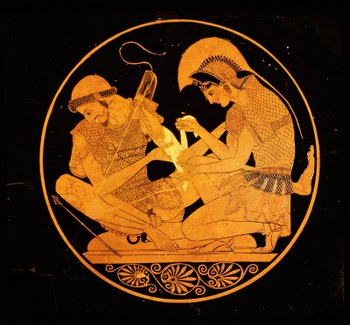 Achille benda Patrocolo pittura a figure rosse su vaso attico