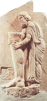 Stele votiva ad asclepio con rappresentazione di gamba con vene varicose e Asclepio