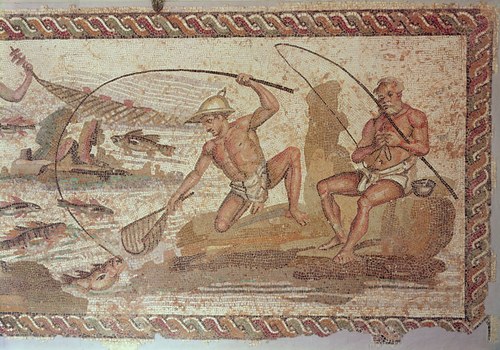 Uomini che pescano sul Nilo, da Villa Nilo, Leptis Magna (mosaico)
