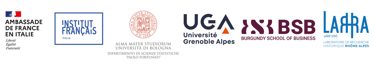 Logos of Ambassade de France en Italie, Institut Français, Università di Bologna, Université Grenoble Alpes, Burgundy School of Business, LARHRA