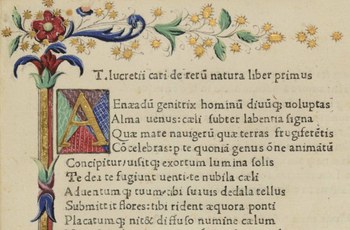Particolare dell'incipit miniato del De Rerum Natura nell'editio princeps del 1472-3