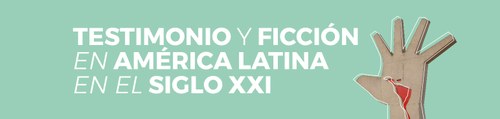 Testimonio Y ficción en América Latina en el siglo XXI Blanco sobre fondo verde mar- A la derecha una elaboración gráfica basada en el Memorial da America Latina de Oscar Niemeyer- La autora de la gráfica del congreso es la designer italiana Lucrezia Benvenuti, la imagen utilizada para la elaboración procede del repositorio wikimedia commons free-license